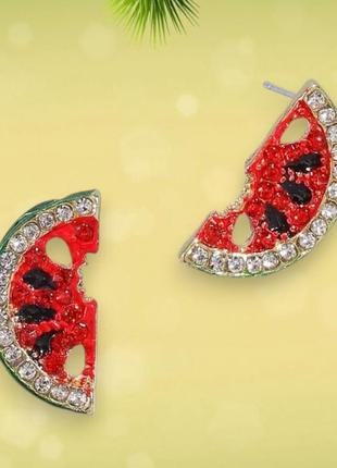 Серьги женские гвоздики с ягодным дизайном и эмалью арбузы 1.9 см
