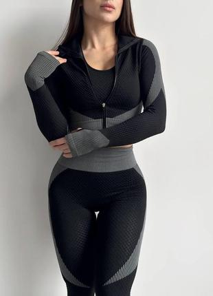 Бесшовный комплект push up для фитнеса/йоги (рашгард+топ+лосины),цвет черно-серый /костюм спортивный женский6 фото