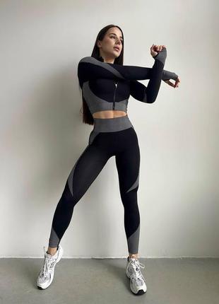 Бесшовный комплект push up для фитнеса/йоги (рашгард+топ+лосины),цвет черно-серый /костюм спортивный женский2 фото