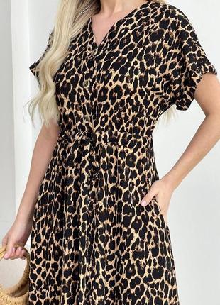 Сукня леопардова літня міді довга креп жатка жіноча із ґудзиками та зав‘язкою поясом принт леопард плаття весняна короткий рукав батал3 фото