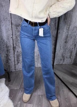 Синие прямые джинсы с эластаном на высокую посадку s7 фото