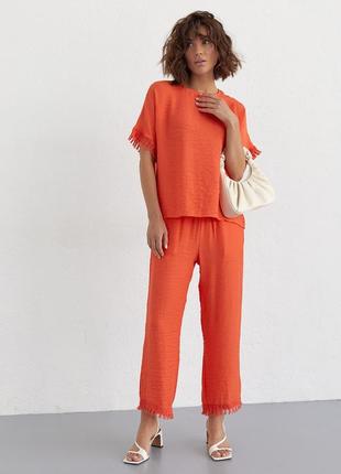 Женский брючный костюм с бахромой - оранжевый цвет, l (есть размеры)5 фото