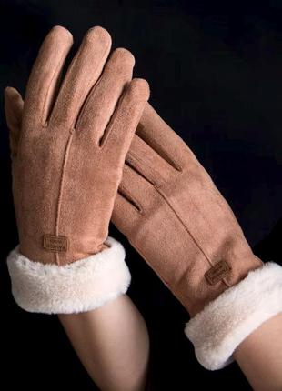Женские перчатки зимние из искусственного меха fashion gloves brown