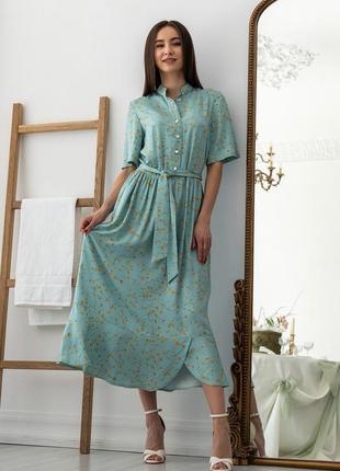 Жіночна міді штапельна сукня флорет-літо з коміром та кишенями 42-56 розміри різні кольори м'ята