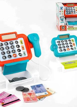 Игрушка кассовый аппарат для детей с калькулятором сканером и продуктами4 фото