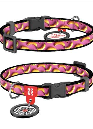 Нашийник для котів та дрібних порід собак малюнок "банани на рожевому"нейлоновий waudog nylon з qr паспортом,