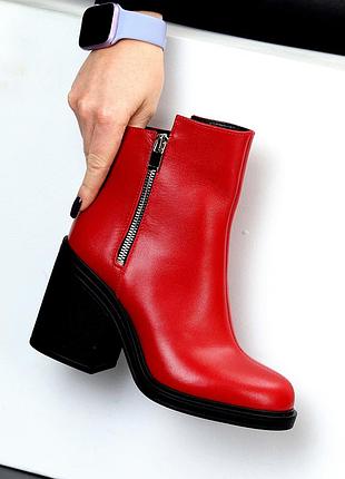 Люксовые красные ботильоны натуральная кожа на среднем каблуке