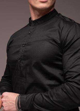 Чорна чоловіча сорочка комірець - стійка довгий рукав