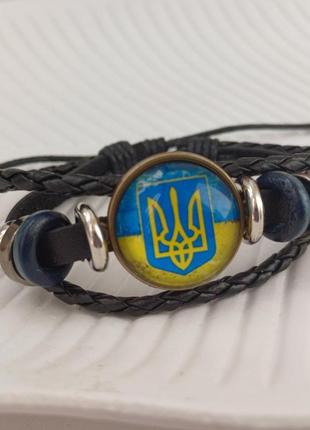Кожаный браслет со вставкой «знамя и герб украины» кожаный, многослойный