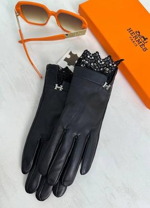 Рукавиці перчатки в стилі hermes шкіра чорні на хутрі