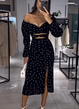 Костюм в горох топ та спідниця комплект з розрізом