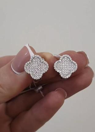 Серебряные серьги клевер белые д.10