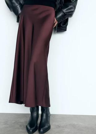 Атласная юбка женская бордовая zara new