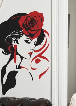 Наклейка вінілова дівчина в капелюсі з червоною трояндою на стіну40*60см6 фото