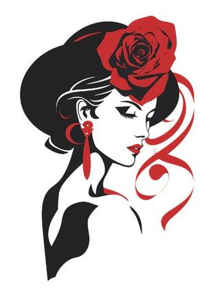 Наклейка вінілова дівчина в капелюсі з червоною трояндою на стіну40*60см1 фото