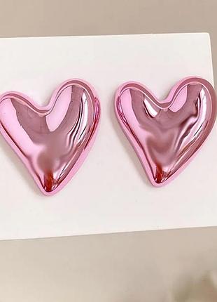Зеркальные серьги розовые сердечки