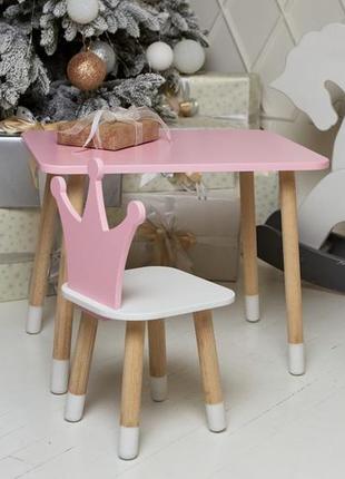 Дитячий  прямокутний стіл і стільчик корона з білим сидінням. столик рожевий дитячий3 фото