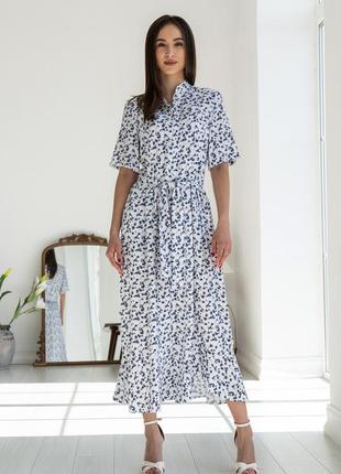 Жіночна міді штапельна сукня флорет-літо з коміром та кишенями 42-56 розміри різні кольори білий квіти3 фото