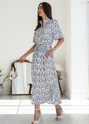 Жіночна міді штапельна сукня флорет-літо з коміром та кишенями 42-56 розміри різні кольори білий квіти6 фото