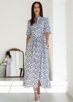 Жіночна міді штапельна сукня флорет-літо з коміром та кишенями 42-56 розміри різні кольори білий квіти8 фото
