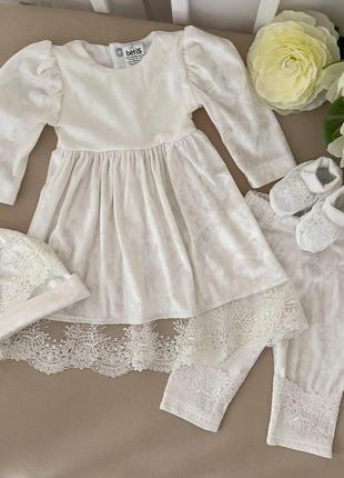 Костюм betis "оксамитовий блиск-2" плаття д.р. лосини, шапочка, пінетки молочний бархат 91449053  зріст 80 тм