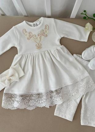 Костюм betis "світлинка" д.р. туніка,лосини,пов'язка,пінетки молочний/беж інтерлок 27683612  зріст 62 тм бетис