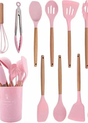 Набір кухонного приладдя силікон 12 предметів kitchen set, кухонний набір у склянці rd-1204 рожевий тм