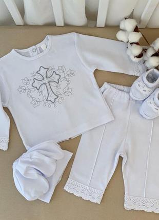 Костюм betis "чарівний янгол" хлопчик д.р. кофта,штани,берет,пінетки білий/срібло інтерлок 27681810  зріст 80