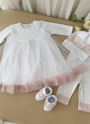 Костюм betis "чарівна світлинка-3" туніка, лосини, шапочка, пінетки білий/пудра інтерлок 91449120 зріст 68 тм