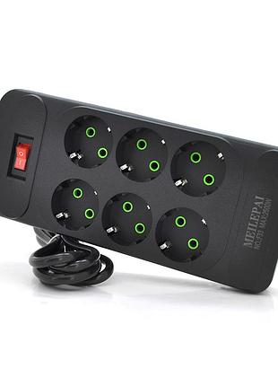 Мережевий фільтр f33, 6 розеток eu, кнопка вмикання з індикатором, 2 м, 3х0,75 мм, 2500 w, black, box склад