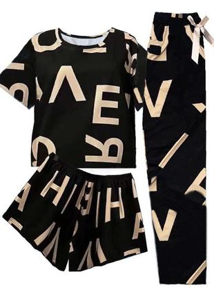 Женская пижама тройка футболка с шортами и штанами abc l-2xl
