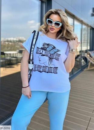 Костюм брючный женский летний стильный молодежный эффектный футболка и брюки большого размера 48-5810 фото