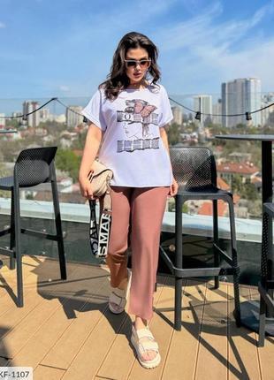 Костюм брючный женский летний стильный молодежный эффектный футболка и брюки большого размера 48-588 фото