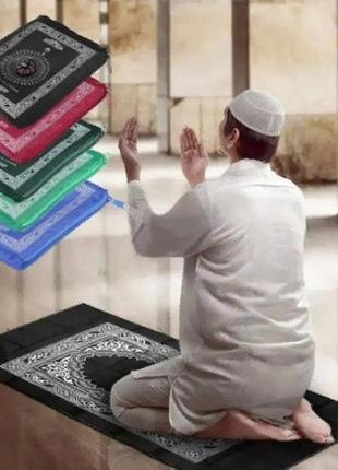Молитвенный коврик, портативный плетеный коврики, исламский принт, с компасом в сумке 60х100. черный