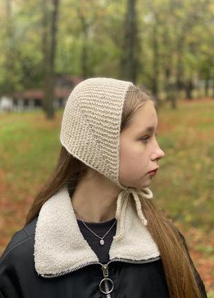 Вязаный женский ретро чепчик, платок ручной работы молочного цвета (в наличии и по заказу)