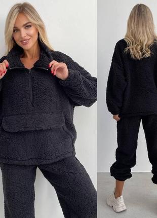 Теплый стильный костюмчик тедди, мех, туречна xs-m, l-xxl, черный, беж, коричневый и серый2 фото