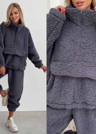 Теплый стильный костюмчик тедди, мех, туречна xs-m, l-xxl, черный, беж, коричневый и серый4 фото