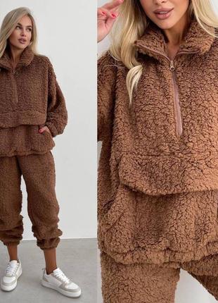 Теплый стильный костюмчик тедди, мех, туречна xs-m, l-xxl, черный, беж, коричневый и серый6 фото