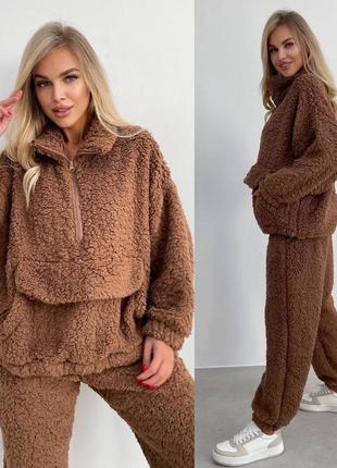 Теплый стильный костюмчик тедди, мех, туречна xs-m, l-xxl, черный, беж, коричневый и серый7 фото
