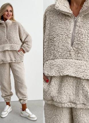 Теплый стильный костюмчик тедди, мех, туречна xs-m, l-xxl, черный, беж, коричневый и серый