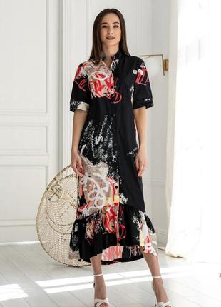 Романтична міді-сукня лусія з воланом 100% італійська бавовна 42-56 розміри різні кольори чорний принт5 фото