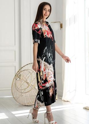 Романтична міді-сукня лусія з воланом 100% італійська бавовна 42-56 розміри різні кольори чорний принт2 фото