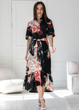 Романтична міді-сукня лусія з воланом 100% італійська бавовна 42-56 розміри різні кольори чорний принт6 фото