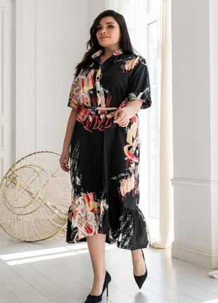 Романтична міді-сукня лусія з воланом 100% італійська бавовна 42-56 розміри різні кольори чорний принт8 фото