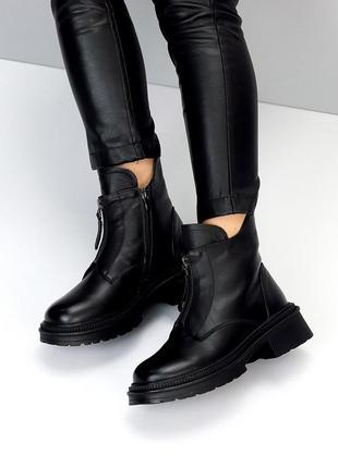 Якісні черевики жіночі, однотонні чорні, повністю шкіряні на зиму, тепле хутро,...