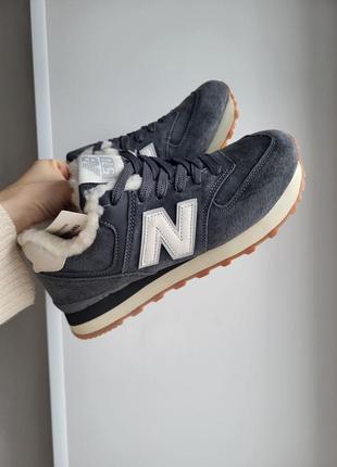 Кроссовки зимние new balance 574 grey замшевые женские