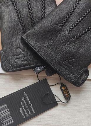 Мужские кожаные рукавички перчатки из кожи оленя, румыния подкладка махра чёрные