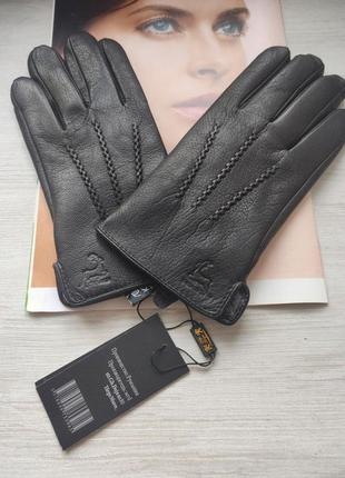 Мужские кожаные рукавички перчатки из кожи оленя, румыния подкладка махра чёрные