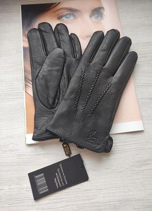 Мужские кожаные рукавички перчатки из кожи оленя, румыния подкладка махра чёрные