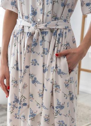Жіночна міді штапельна сукня флорет-літо з коміром та кишенями 42-56 розміри різні кольори молоко6 фото